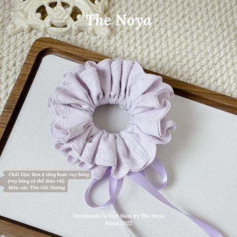 Dây buộc tóc 4 tầng ren nơ phối ruy băng dài Cozy Scrunchies handmade by The Noya