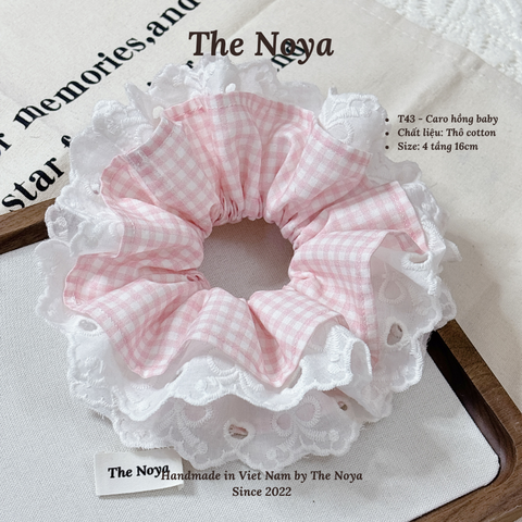 Scrunchies siêu phồng hoạ tiết CARO HỒNG BABY dễ thương mix viền ren by The Noya T43