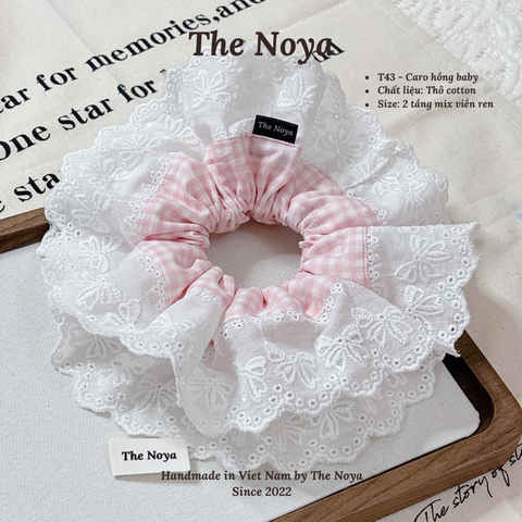 Scrunchies siêu phồng hoạ tiết CARO HỒNG BABY dễ thương mix viền ren by The Noya T43