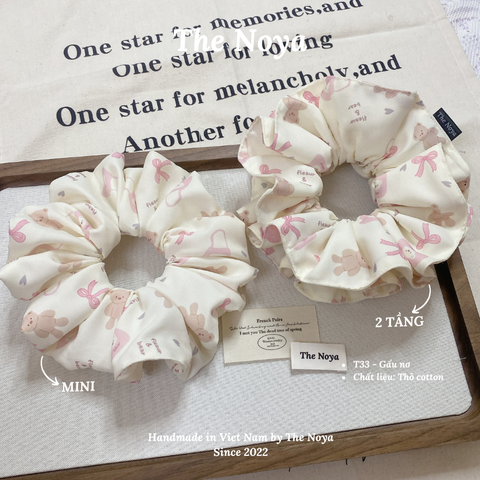 Dây buộc tóc 2 KIỂU handmade hoạ tiết gấu nơ be The Noya T33