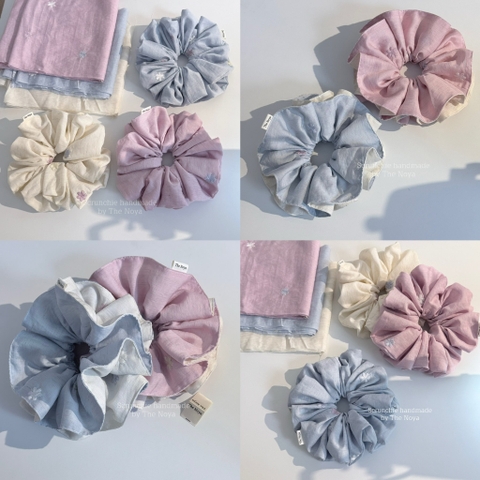 BST Mây Thêu - Scrunchie, dây cột tóc SIÊU TO BỒNG BỀNH chất liệu đũi thêu hoa handmade by The Noya