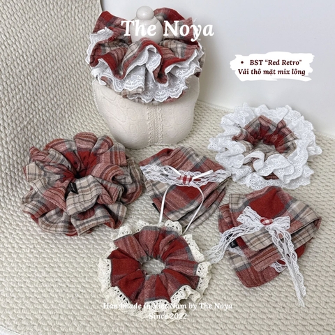 Scrunchie dây cột tóc Red Retro nhiều phong cách, dây buộc tóc siêu to, cột tóc vuông handmade The Noya T51