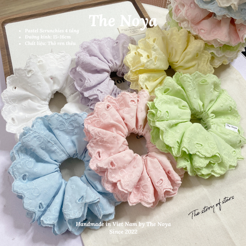 [SIÊU TO] Pastel scrunchies - 4 lớp màu pastel siêu bồng bềnh thô pha ren nơ The Noya