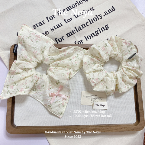 Ren hoa hồng - Dây buộc tóc handmade hoạ tiết ren mix hạt nổi by The Noya RT02