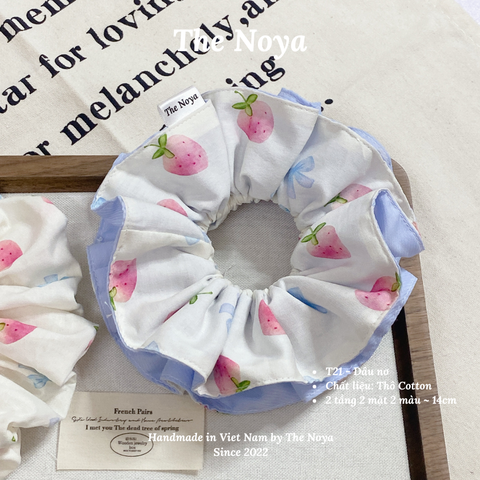 [2 tầng] - Dây buộc tóc handmade hoạ tiết dâu nơ xanh The Noya T21