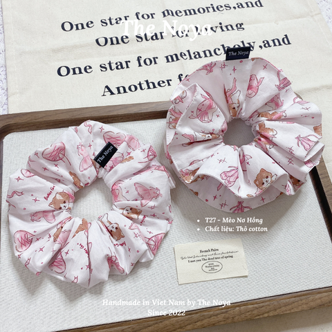 Dây buộc tóc 3 KIỂU handmade hoạ tiết mèo nơ hồng nhiều mặt The Noya T27
