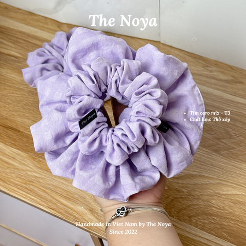 Dây buộc tóc tím caro mix thủ công handmade chất thô xốp The Noya T3