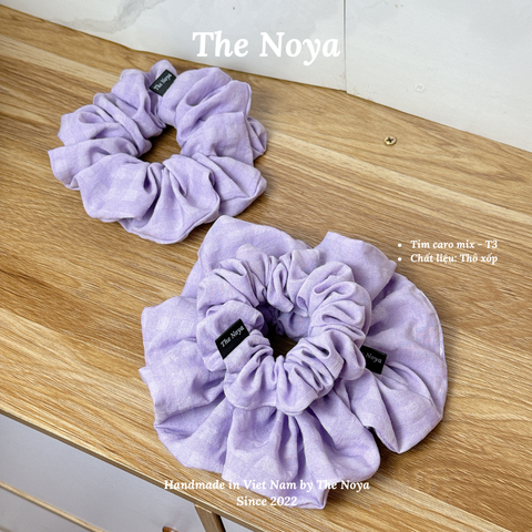 Dây buộc tóc tím caro mix thủ công handmade chất thô xốp The Noya T3