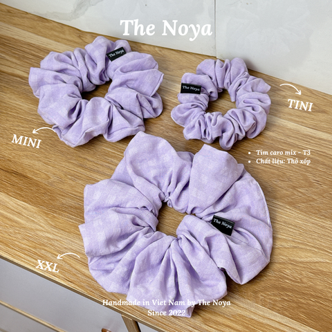 Dây buộc tóc tím caro mix thủ công handmade chất thô xốp The Noya T3