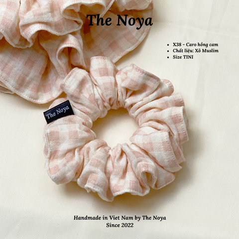 Dây buộc tóc/Scrunchies hoạ tiết caro hồng cam handmade Loại 1 The Noya X38