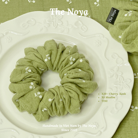 [SIÊU PHỒNG] Scrunchies hoạ tiết Cherry Xanh handmade Siêu Phồng The Noya X39