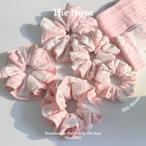 'STRAW' Scrunchies handmade siêu phồng tone hồng pastel 2 tầng, viền hồng by The Noya X91