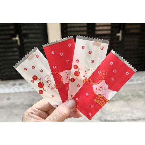 Set 200 Túi kẹo mèo đỏ trắng 4x9cm