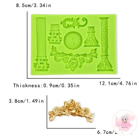 Khuôn Silicon cột la mã, hoa, đồng hồ -3562