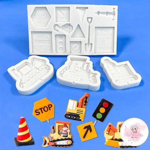 Khuôn Silicon xe công trình, biển báo trang trí thành phẩm kem