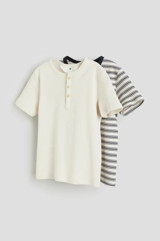 Áo phông (2 áo) trắng ngà, navy kẻ ngang
