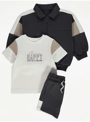 Set cộc tay (3 chi tiết) xám đậm / Happy