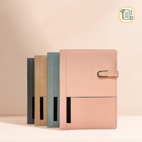Sổ tay B5 kẻ ngang bìa da vân vải khuy từ nam châm 70gsm, 200 trang, cài bút, để thẻ