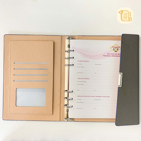 HÀNG ĐẶT Sổ còng ba khúc B5 kẻ ngang bìa da phối hai màu 70gsm,200 trang, ngăn phụ, cài bút