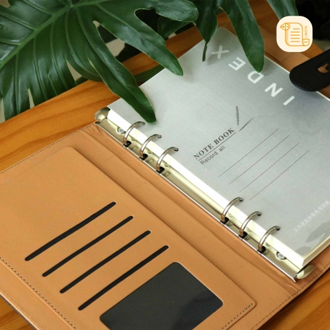 Sổ còng B5-A4 kẻ ngang bìa da 70gsm, 200 trang, cài bút, ngăn phụ