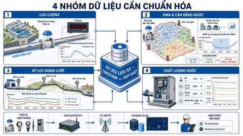 Bốn nhóm dữ liệu doanh nghiệp cấp nước cần chuẩn hóa gồm lưu lượng DMA áp lực và chất lượng nước