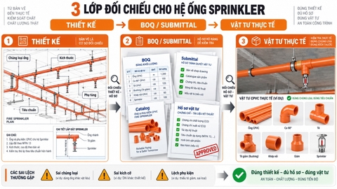 Đối chiếu thiết kế, BOQ và vật tư thực tế cho đường ống sprinkler trước khi đặt hàng