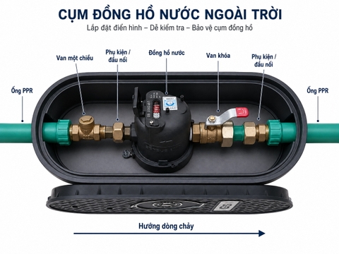 Sơ đồ cụm đồng hồ nước gồm ống PPr, hộp bảo vệ cụm đồng hồ GS