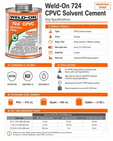 Bảng thông số kỹ thuật keo dán CPVC Weld-On 724 theo ASTM F493