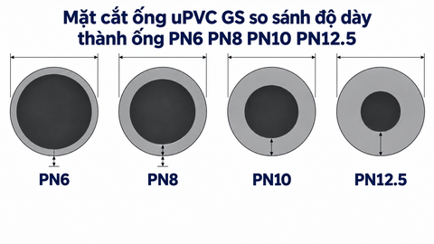 Mặt cắt ống uPVC GS so sánh độ dày thành ống PN6 PN8 PN10 PN12.5