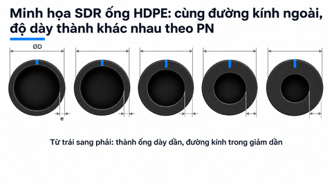 Minh họa SDR ống HDPE: cùng đường kính ngoài, độ dày thành khác nhau theo PN