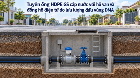Tuyến ống HDPE GS cấp nước với hố van và đồng hồ điện từ đo lưu lượng đầu vùng DMA