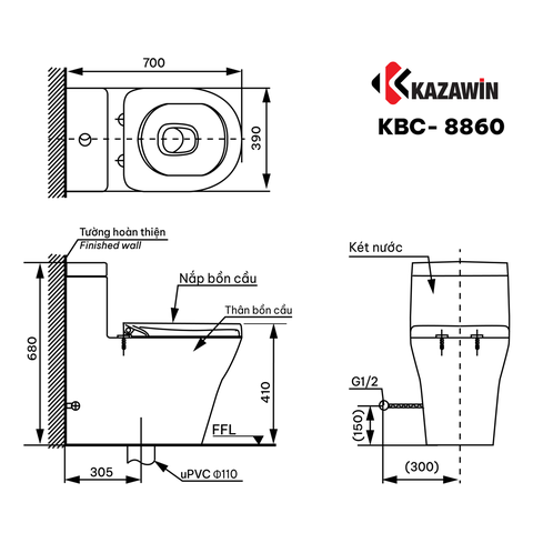 Bồn Cầu Một Khối KAZAWIN KBC 8860