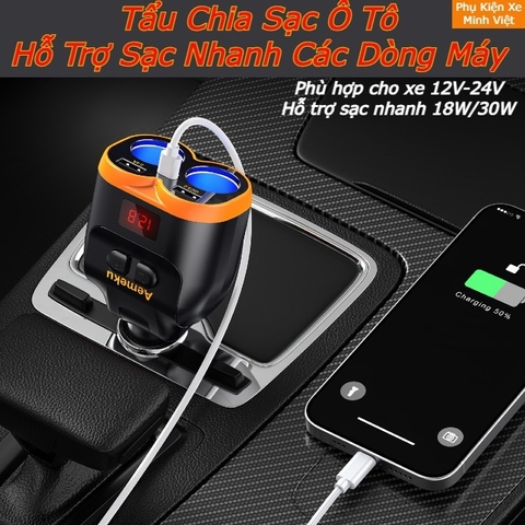 Bộ Chia Tẩu Sạc Ô Tô Aemeku  Cao Cấp Hỗ Trợ  Sạc Nhanh QC3.0 & Type-C,