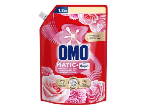 Nước giặt OMO Matic Comfort cửa trên hương hoa hồng Ecuador, túi 1.8kg
