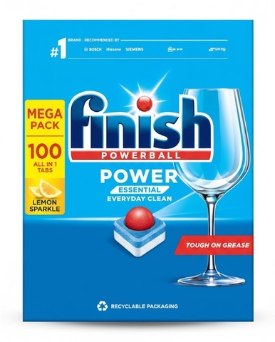 Viên rửa chén bát hương chanh Finish Powerball Power Essential Lemon Sparkle - Hộp 100 viên