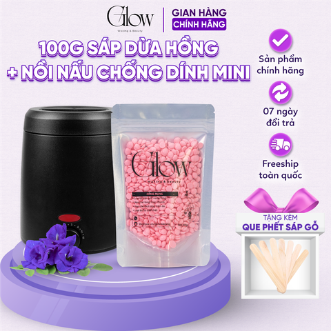 Combo 100gr Sáp Hồng Dừa Dùng Cho Da Nhạy Cảm + Nồi Nấu Sáp ProWax 200 Chống Dính Mini GLOW WAXING CHE TÊN - 1013