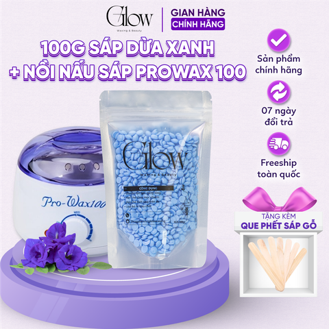 Combo 100gr Sáp Wax Lông Dừa Xanh Premium Siêu Bám Lông, Dành Cho Mọi Loại Da + Nồi Nấu Sáp Wax Lông ProWax100 GLOW WAXING Tặng Que CHE TÊN - 8582