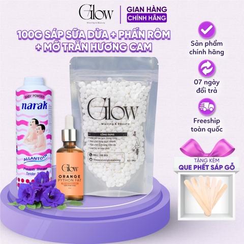 Combo 100Gr Sáp Ngẫu Nhiên Cao Cấp GLOWWAXING + Chén Silicon Nấu Sáp + Phấn Rôm Narak + Mỡ Trăn Hương Cam 10ML Tặng Que