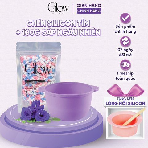 Combo Chén Nấu Sáp Wax Lông Silicone Màu Tím GLOW WAXING + 100gr Sáp Cao Cấp Siêu Bám Lông Tặng Que