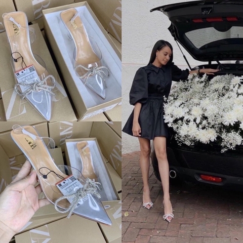 [HÀNG SẴN]  Giày ZR  Mũi Nhọn Trong Suốt nơ đá trắng xd (form to lùi 1 sz)H344/7151-/T2.2A