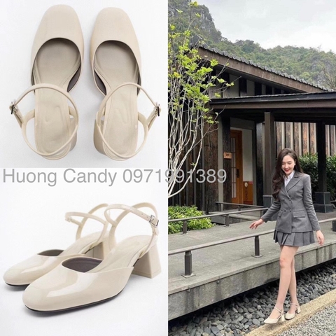 Giày ZR gót vuông mũi tròn da trơn kem và đen FULL BoxH342/8326/T2.1A