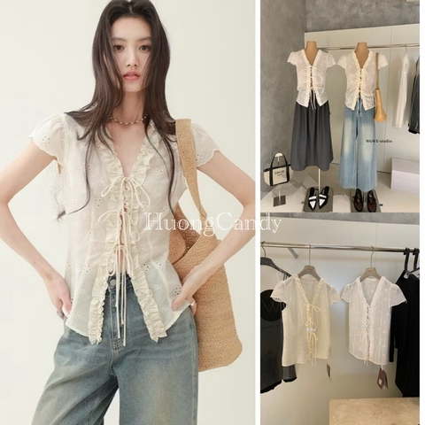 Áo Sơ Mi Nữ Thô Boi WGWE #W8974#H563 Buộc Nơ Ngực Tay Ngắn/ giá A1