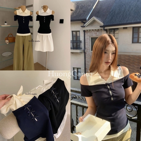 Áo Thun Nữ 𝐖𝐆𝐖𝐄 Phối Cổ Sơ Mi khoét Vai Giả 2 Lớp Đính Nơ #W9139#/H569
