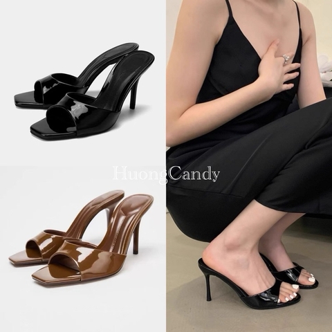 Guốc Zet da bóng đen/nâu mũi vuông Fullboxxi-H459/8713/T1.1