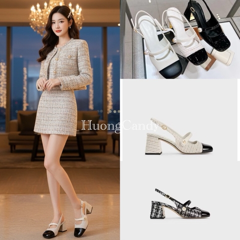 Giày sandal CK phối màu quai đính ngọc mũi vuông-2187- đế trụ cao 6cm-H482