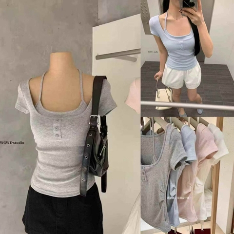 Áo Thun WGWE cotton Ôm Layer Cổ Yếm W8613# chuẩn hãng/H22