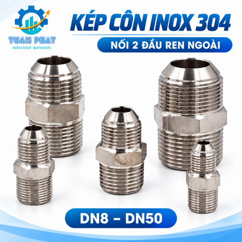 Kép Côn Inox 304 – Đầu Nối 2 Ren Ngoài, Một Đầu Côn