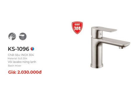 Vòi lavabo nóng lạnh inox 304 cao cấp Kassani Thái Lan KS1096