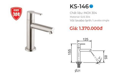 Vòi Lavabo Lạnh Inox 304 Kassani Cao Cấp KS-146 – Sang Trọng, Bền Bỉ, Chống Gỉ Sét