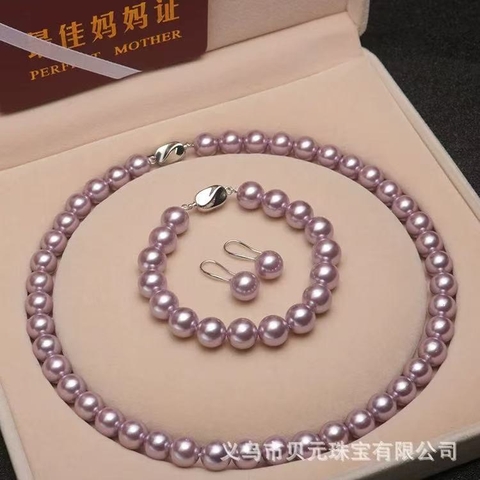 Bộ Bông Tai Vòng Cổ Ngọc Trai Hồng Tím